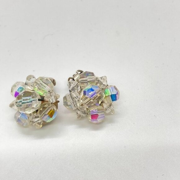 Vintage Aurora Borealis Set Graduated Bead 25" Necklace Clip On Earrings - Picture 4 of 16